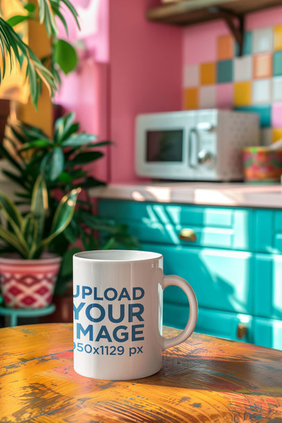 Mockup of an AI-Created Coffee Mug Placed over a Wooden Surface in a Kitchen m39906