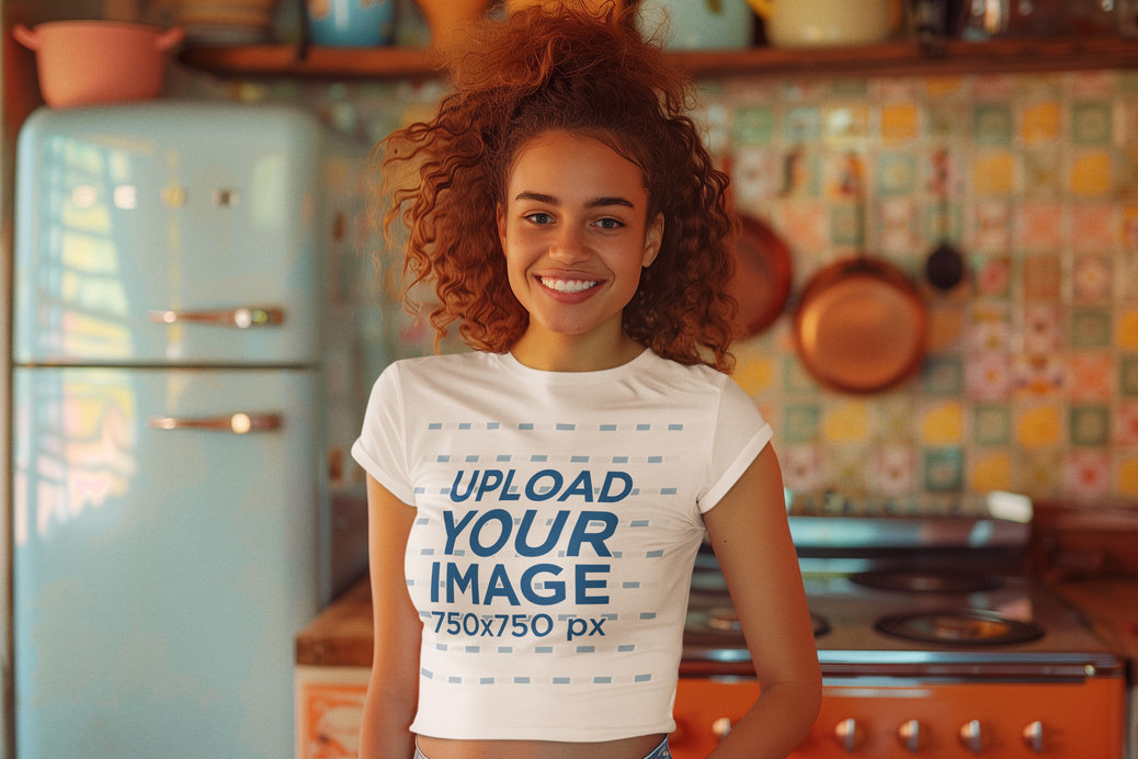 Mockup of a Happy Woman with Curly Hair Wearing a T-Shirt in a Kitchen