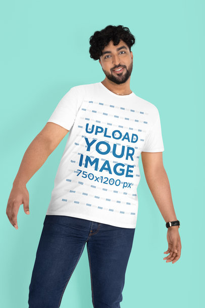 Mockup of a Man with Curly Hair Wearing a Plus Size Tee with a Rounded Neck