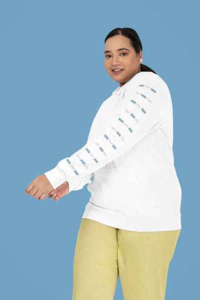 Mockup of a Woman Wearing a Plus Sized Gildan Pullover Hoodie with a Customizable Sleeve