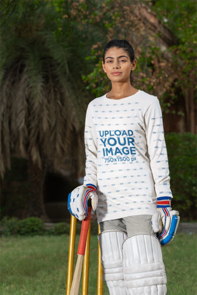 Bella Canvas Long Sleeve Tee Mockup of a Woman Wearing a Cricket Team's Uniform