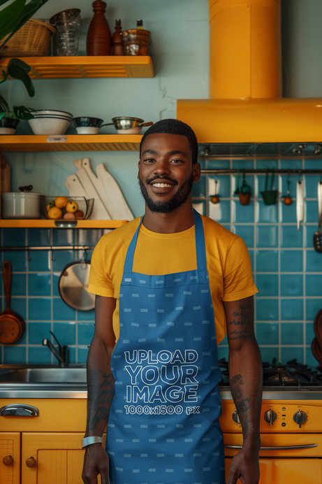 Mockup of an AI-Created Bearded Man Wearing an Apron in a Colorful Kitchen