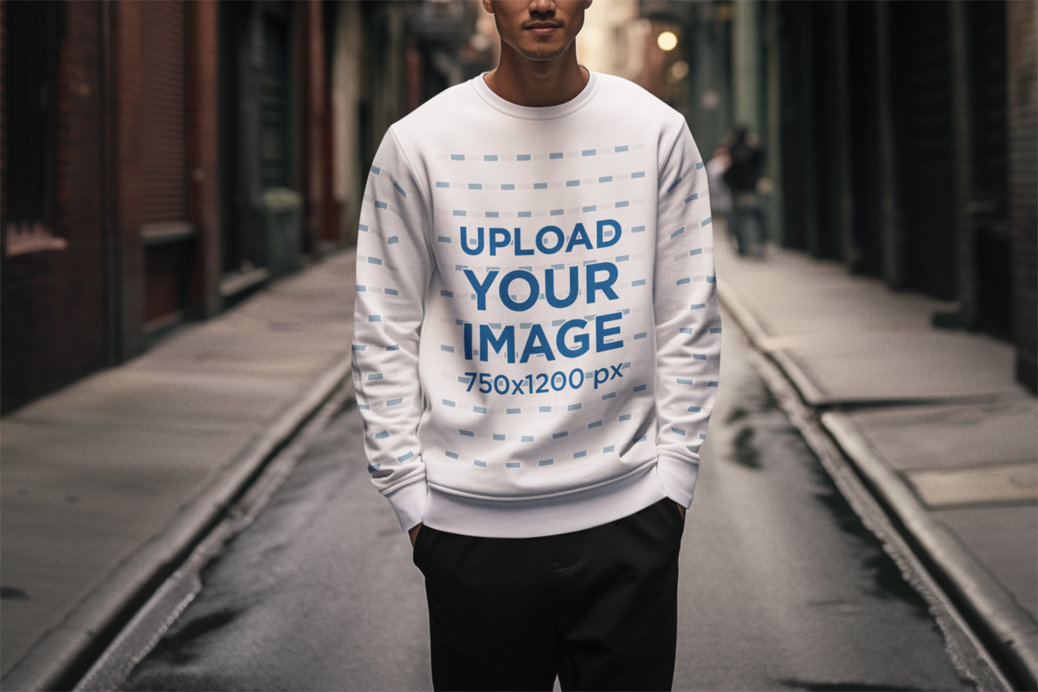 AI-Created Sweatshirt Mockup of a Man Walking on an Alley