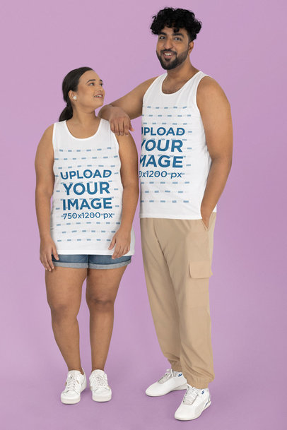Mockup Featuring a Man and a Woman Wearing Plus Sized Tank Tops in a Studio