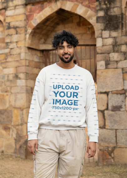 Mockup of a Bearded Man with Curly Hair Wearing a Plus Sized Round-Neck Sweatshirt
