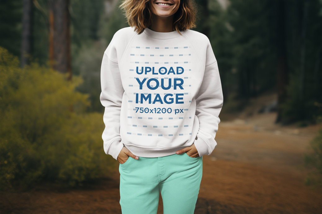 AI-Generated Sweatshirt Mockup of a Smiling Woman Standing on a Forest 