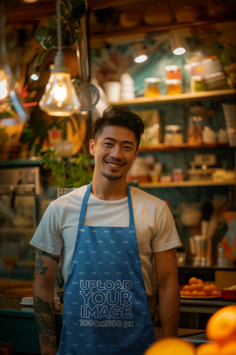 AI-Created Mockup of a Man with an Arm Tattoo Wearing an Apron