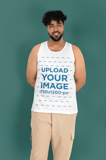 Tank Top Mockup Featuring a Bearded Happy Man Standing Against a Colorful Background