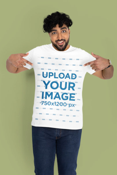 Mockup Featuring a Bearded Man with Curly Hair Pointing at His Plus Sized T-Shirt