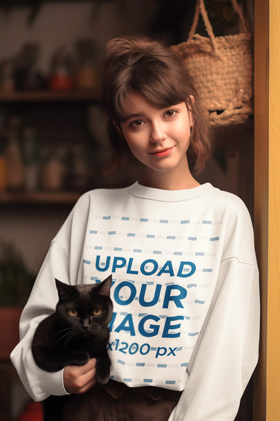 Sweatshirt Mockup of an AI-Created Woman Holding a Black Cat