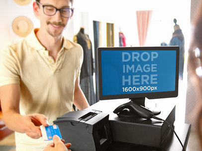 PC Mockup of a Sale Transaction Featuring a Male Customer Who Went Shopping