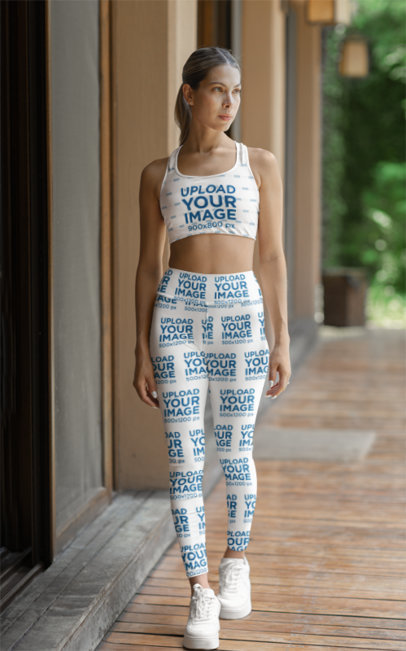 Sports Bra and Leggings Mockup of a Fitness Woman Walking to Her Yoga Class
