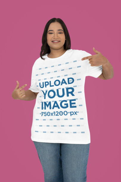 Mockup of a Happy Woman Pointing at Her Round-Neck Plus-Sized Tee m39594