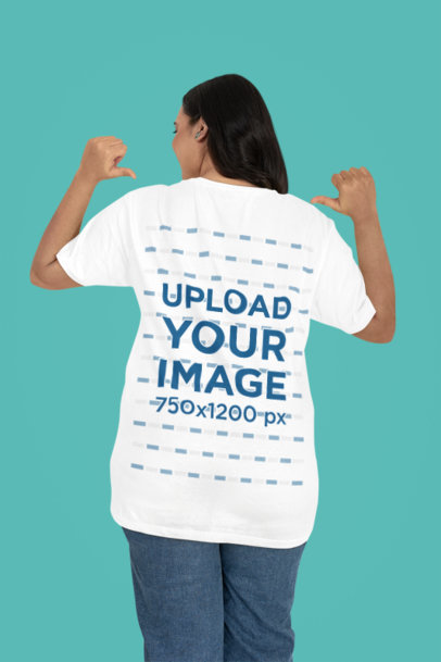 Back-View Mockup Featuring a Woman Pointing at Her T-Shirt
