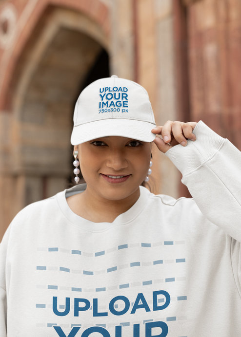 Mockup of a Woman Wearing a Plus Size Sweatshirt and a Dad Hat