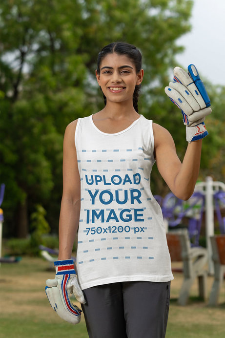 Mockup of a Joyful Woman Wearing a Tank Top and Cricket Gloves