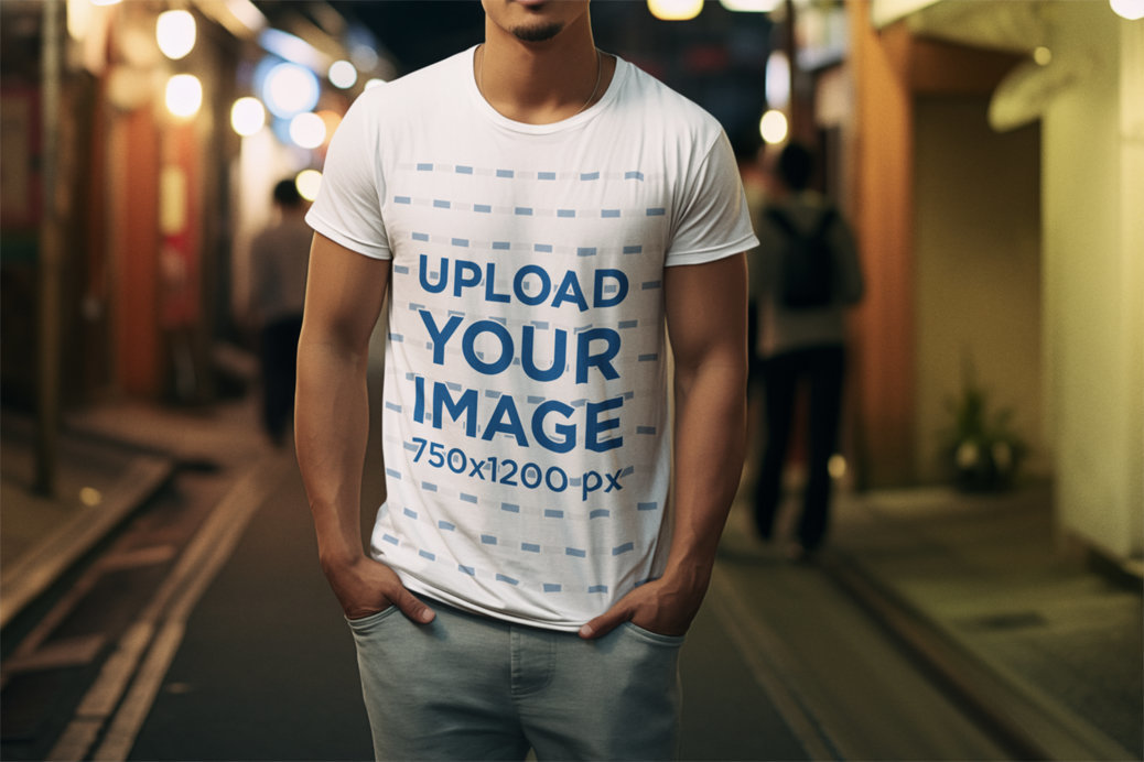 AI-Created T-Shirt Mockup of a Man Walking on a Dark Street at Night