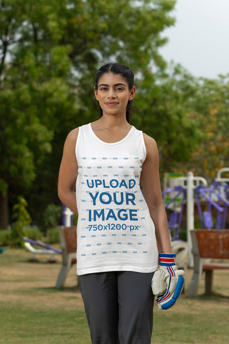 Tank Top Mockup Featuring a Female Cricket Player on a Field