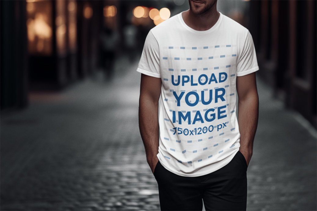 AI-Generated Mockup of a Man in a T-Shirt Walking Through a Dark Street