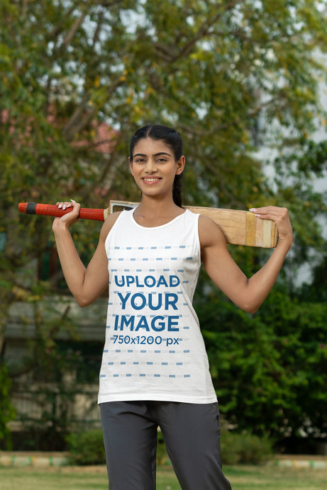 Tank Top Mockup of a Smiling Woman Holding a Cricket Bat
