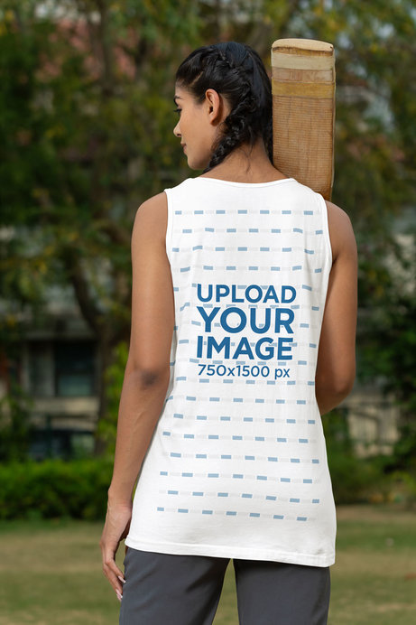 Back-View Mockup of a Woman Wearing a Tank Top on a Cricket Field