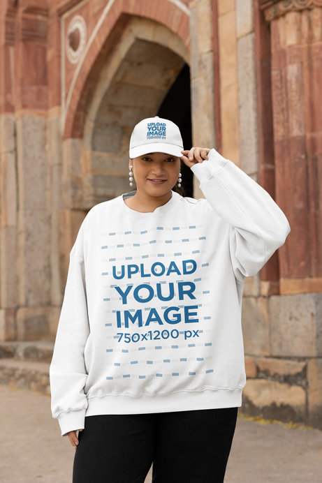 Mockup of a Woman Wearing a Dad Hat and a Plus Sized Sweatshirt 