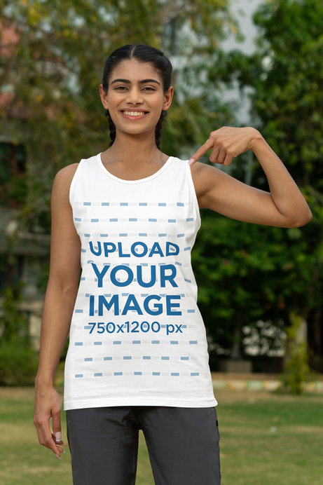 Cricket-Themed Mockup Featuring a Happy Woman Pointing to Her Tank Top