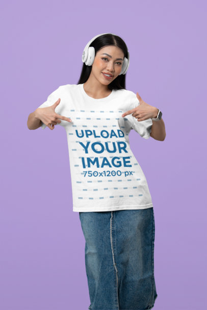 Mockup of a Woman with Headphones Pointing at Her Round-Neck Tee m40223