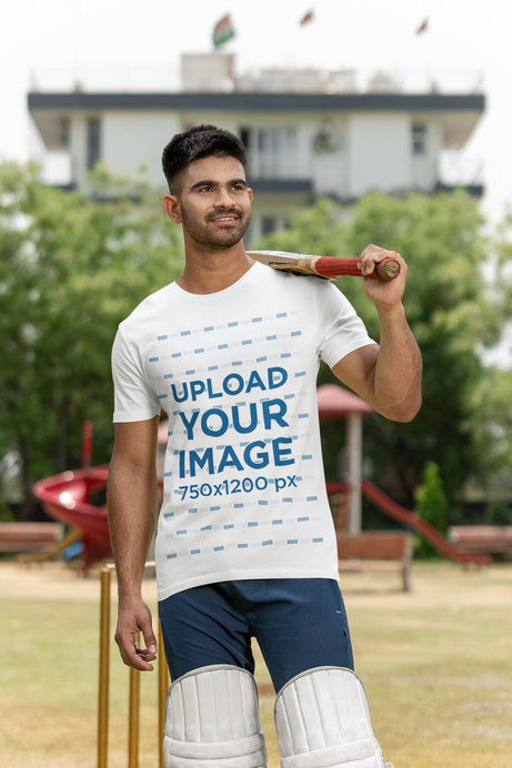 Mockup of a Cricket Player Wearing a Round-Neck T-Shirt on a Field