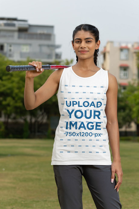 Tank Top Mockup Featuring a Female Cricket Player Standing on a Field