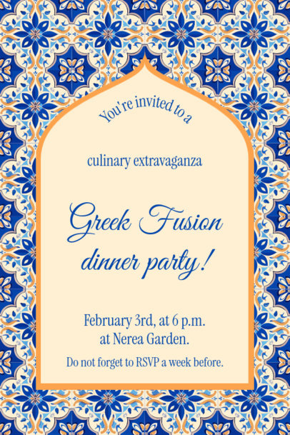 Invitation Design Generator for a Greek Fusion Dinner Party With a Maximalism Style