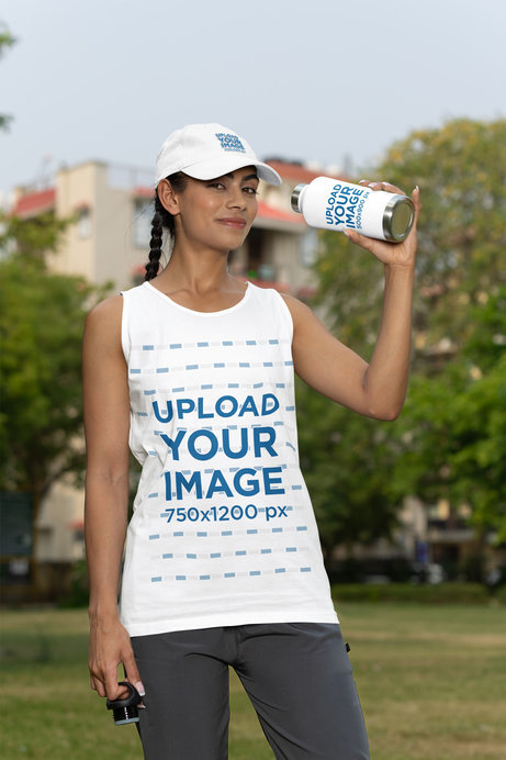 Dad Hat and Tank Top Mockup Featuring a Smiling Woman in a Cricket Field Holding a Travel Mug