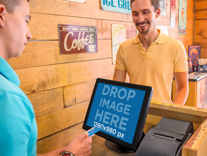 Mockup of a Male Customer and Cashier Completing Sale Transaction 