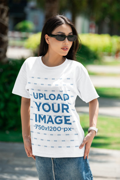 Bella Canvas T-Shirt Mockup Featuring a Stylish Woman With Sunglasses