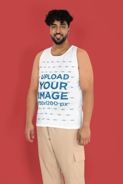 Scoop-Neck Tank Top Mockup of a Happy Bearded Man Posing in a Customizable Backdrop