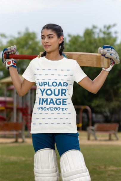 Cricket-Themed Mockup of a Woman Wearing a Rounded-Neck T-Shirt