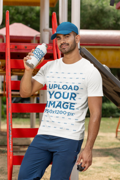 Mockup of a Man Wearing a Round-Neck Tee Holding a Travel Mug