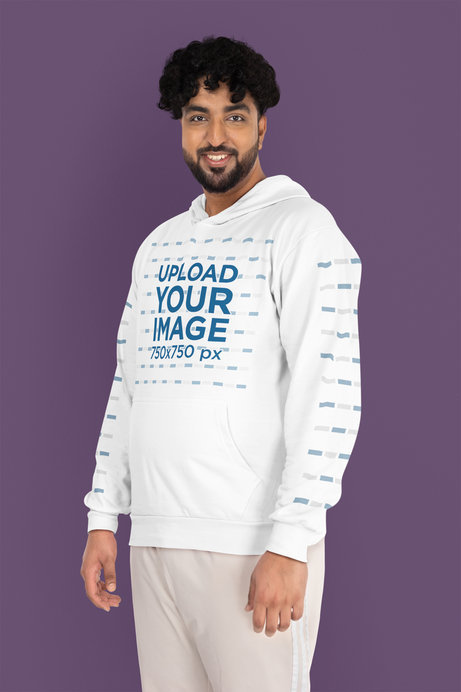 Mockup of a Man with Curly Hair Wearing a Plus Sized Hoodie with Customizable Sleeves