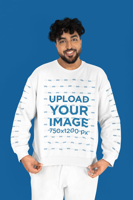 Mockup of a Smiling Bearded Man with Curly Hair Wearing a Plus Size Sweatshirt