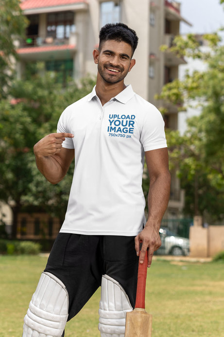 Mockup of a Smiling Cricket Player Wearing a Polo Shirt on a Field