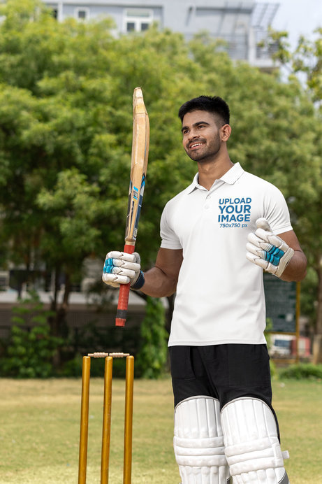 Gildan Polo Shirt Mockup Featuring a Man Wearing Cricket Gear