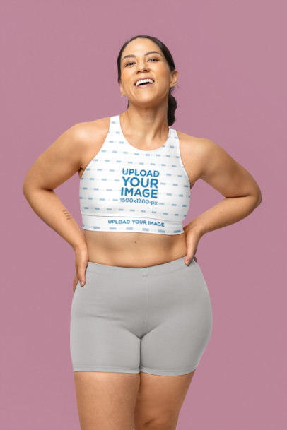 Fully Lined Sports Bra Mockup of a Smiling Woman With a Fitness Style Posing in a Studio