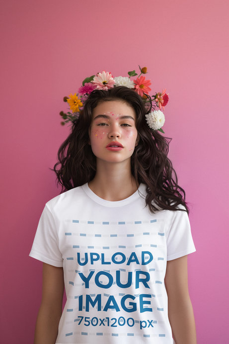 AI-Generated Mockup of a Woman Wearing a Crewneck T-Shirt and Flowers on Her Head