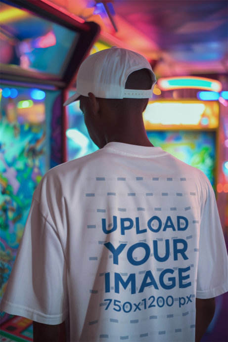 Back-View T-Shirt Mockup of an AI-Generated Man Playing in an Arcade