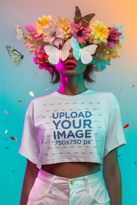 Crop Top Mockup Featuring an AI-Generated Woman With a Flower Crown and Some Butterflies