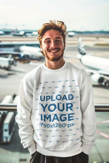 AI-Created Mockup of a Smiling Man Wearing a Sweatshirt at an Airport