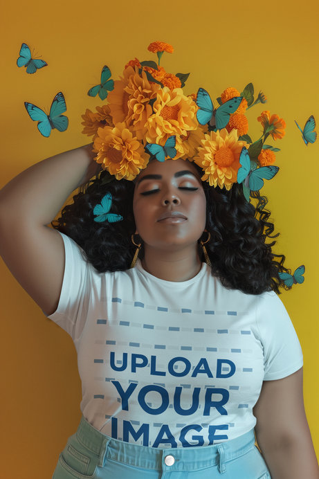 T-Shirt Mockup Featuring an AI-Generated Woman Posing With Flowers and Butterflies in Her Head
