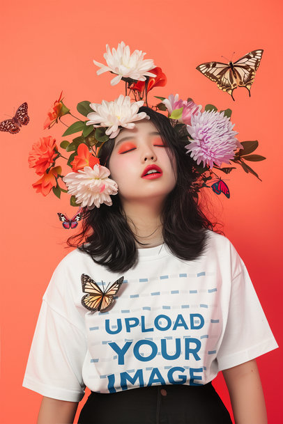 T-Shirt Mockup of an AI-Created Woman With Eyes Closed Surrounded by Flowers and Butterflies