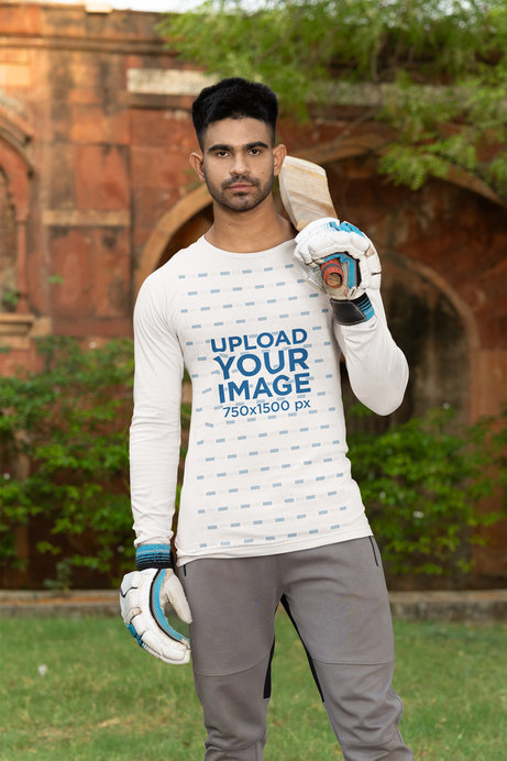 Mockup of a Cricket Player Wearing a Bella Canvas T-Shirt on the Field