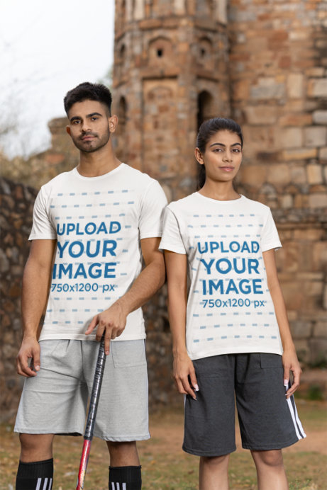 Crewneck T-Shirt Mockup Featuring a Couple of Cricket Players